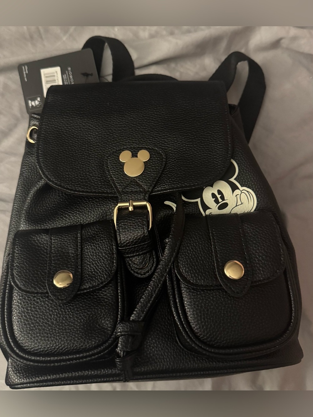 Disney Black Faux Leather Mickey Mini Backpack with Gold Accents